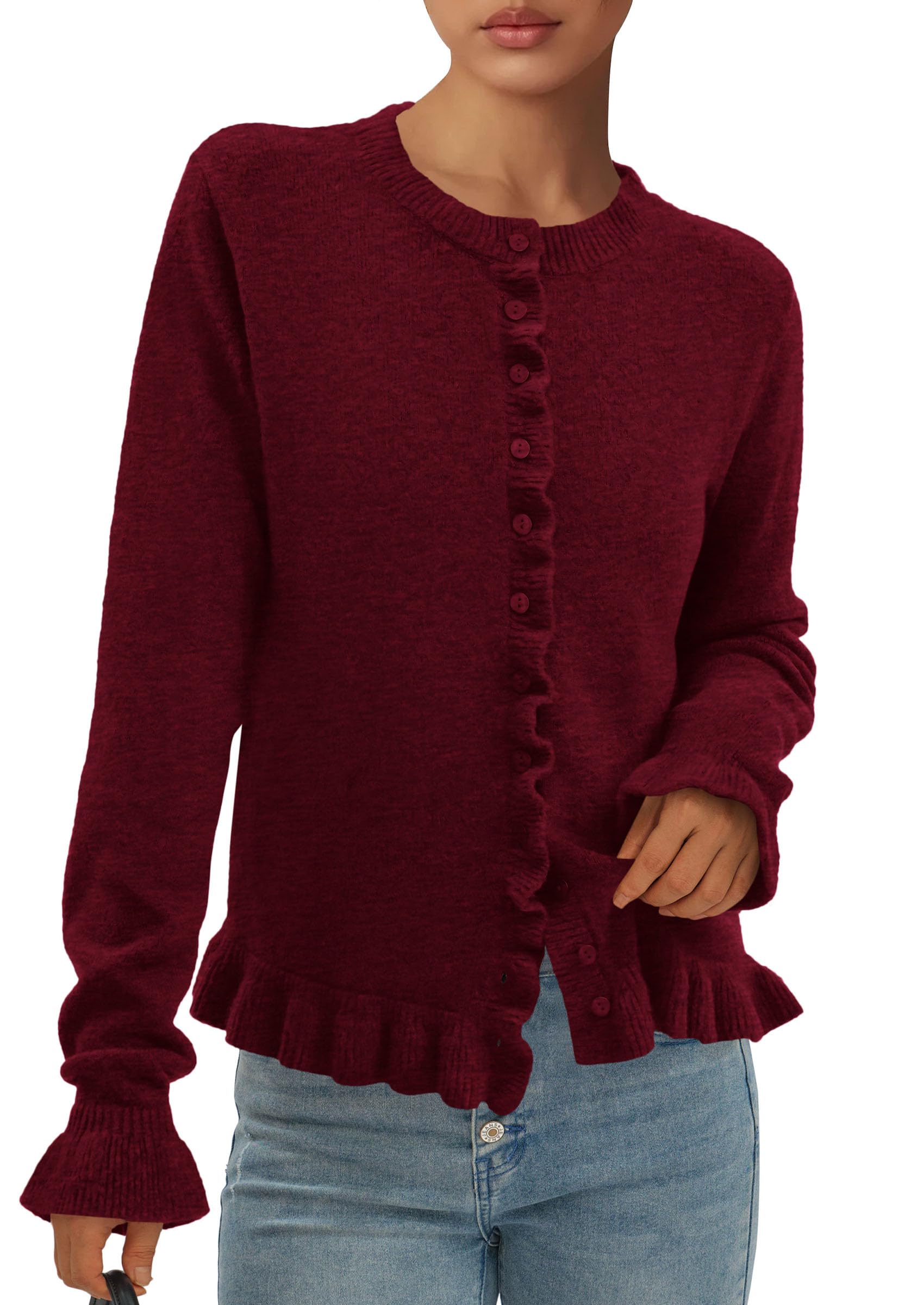 PRETTYGARDEN Womens Fall Button Down Cardigans Chunky Knit Ruffle Open Front Cropped Cardigan Sweaters Soft Long Sleeve Tops