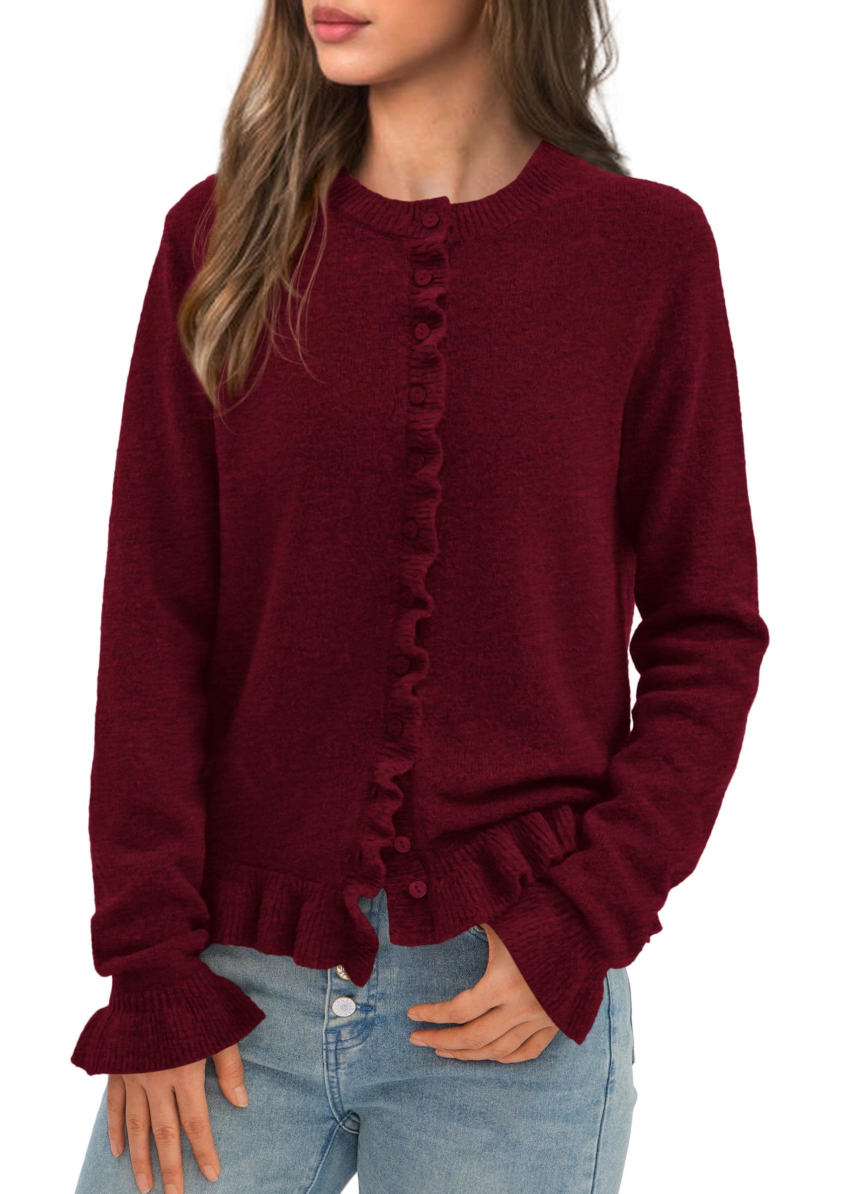 PRETTYGARDEN Womens Fall Button Down Cardigans Chunky Knit Ruffle Open Front Cropped Cardigan Sweaters Soft Long Sleeve Tops