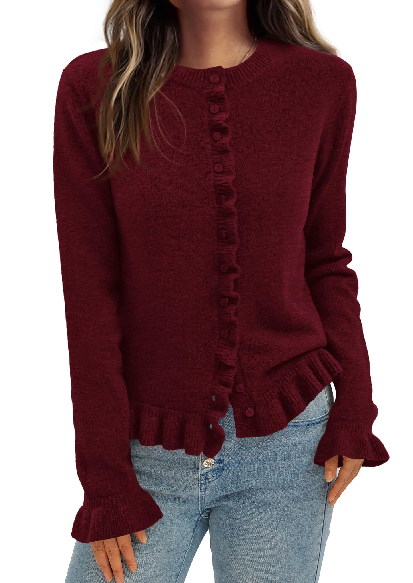 PRETTYGARDEN Womens Fall Button Down Cardigans Chunky Knit Ruffle Open Front Cropped Cardigan Sweaters Soft Long Sleeve Tops