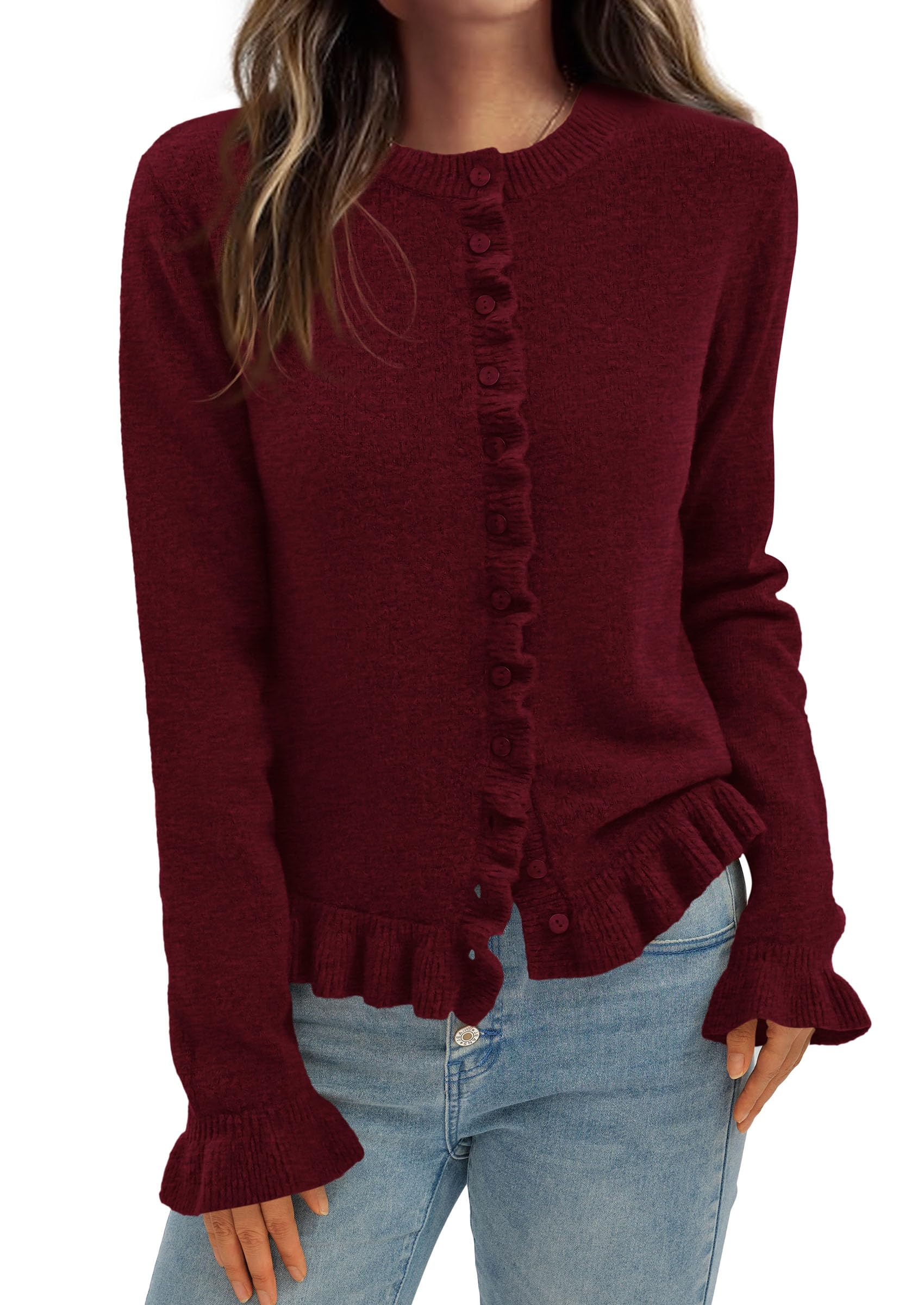 PRETTYGARDEN Womens Fall Button Down Cardigans Chunky Knit Ruffle Open Front Cropped Cardigan Sweaters Soft Long Sleeve Tops