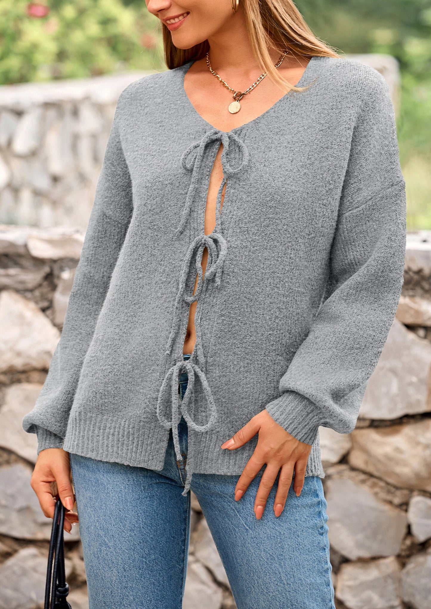 PRETTYGARDEN Women's Tie Front Bow Cardigan Sweaters Chunky Knit Long Puff Sleeve Trendy Fall Winter Jacket Coats