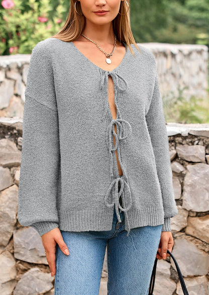 PRETTYGARDEN Women's Tie Front Bow Cardigan Sweaters Chunky Knit Long Puff Sleeve Trendy Fall Winter Jacket Coats