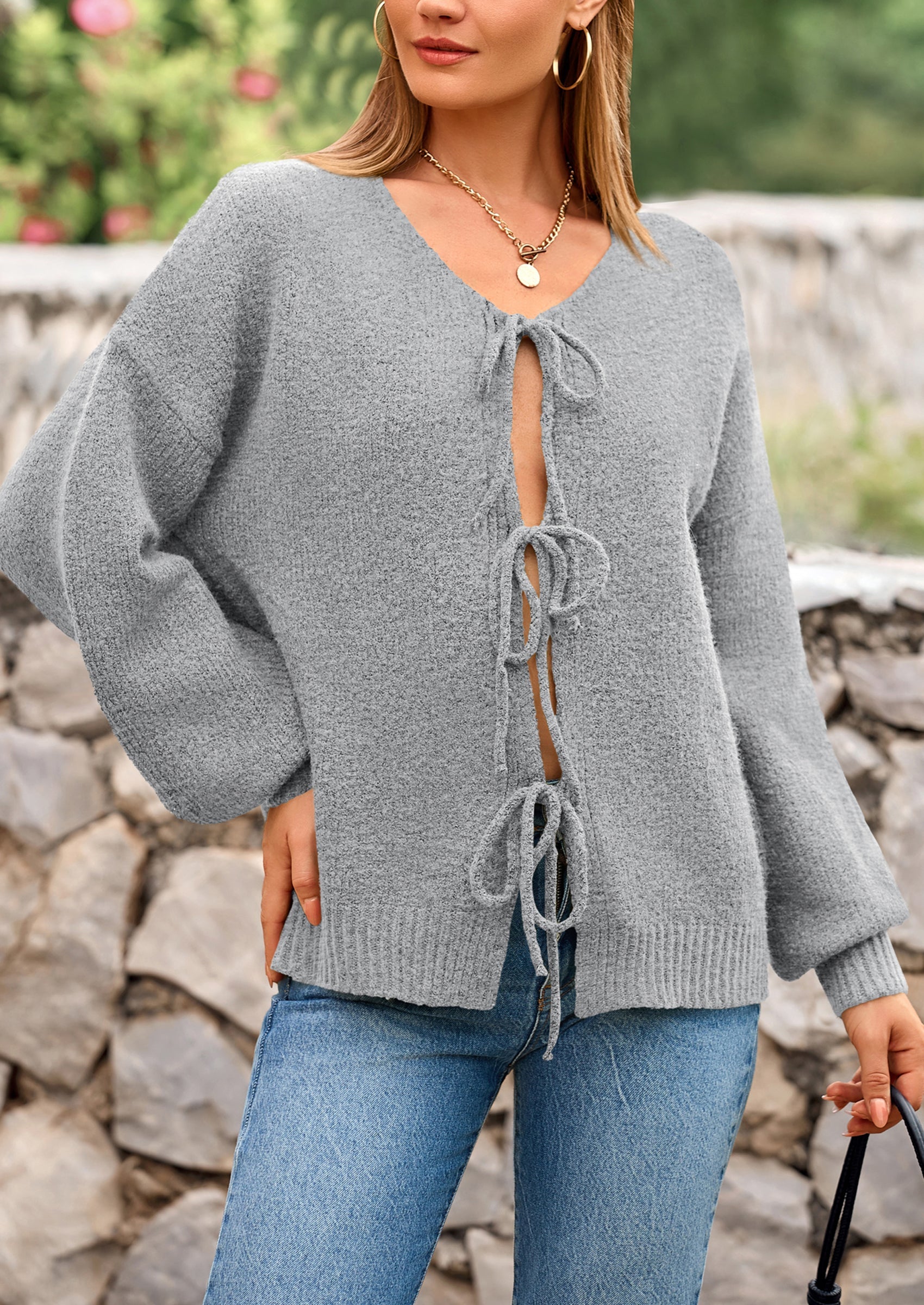 PRETTYGARDEN Women's Tie Front Bow Cardigan Sweaters Chunky Knit Long Puff Sleeve Trendy Fall Winter Jacket Coats