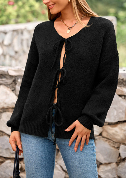 PRETTYGARDEN Women's Tie Front Bow Cardigan Sweaters Chunky Knit Long Puff Sleeve Trendy Fall Winter Jacket Coats