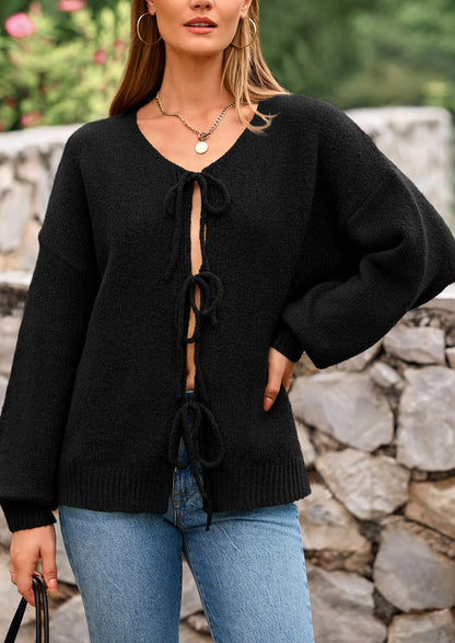 PRETTYGARDEN Women's Tie Front Bow Cardigan Sweaters Chunky Knit Long Puff Sleeve Trendy Fall Winter Jacket Coats