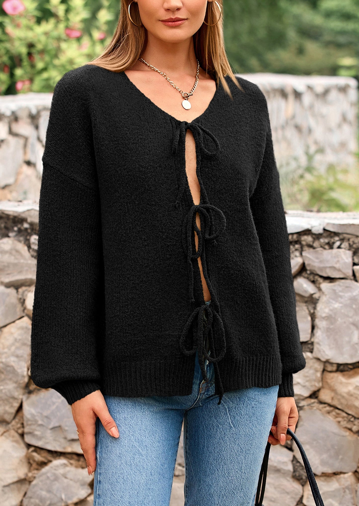 PRETTYGARDEN Women's Tie Front Bow Cardigan Sweaters Chunky Knit Long Puff Sleeve Trendy Fall Winter Jacket Coats