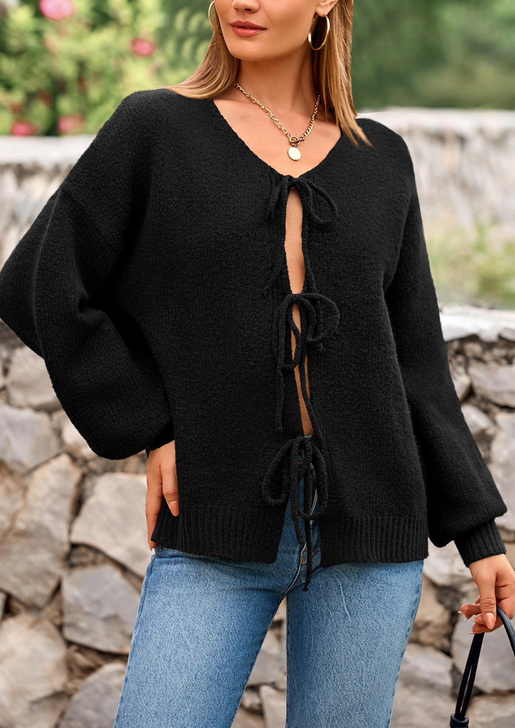 PRETTYGARDEN Women's Tie Front Bow Cardigan Sweaters Chunky Knit Long Puff Sleeve Trendy Fall Winter Jacket Coats