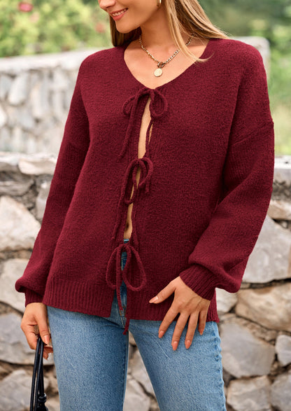 PRETTYGARDEN Women's Tie Front Bow Cardigan Sweaters Chunky Knit Long Puff Sleeve Trendy Fall Winter Jacket Coats