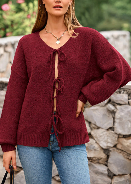 PRETTYGARDEN Women's Tie Front Bow Cardigan Sweaters Chunky Knit Long Puff Sleeve Trendy Fall Winter Jacket Coats