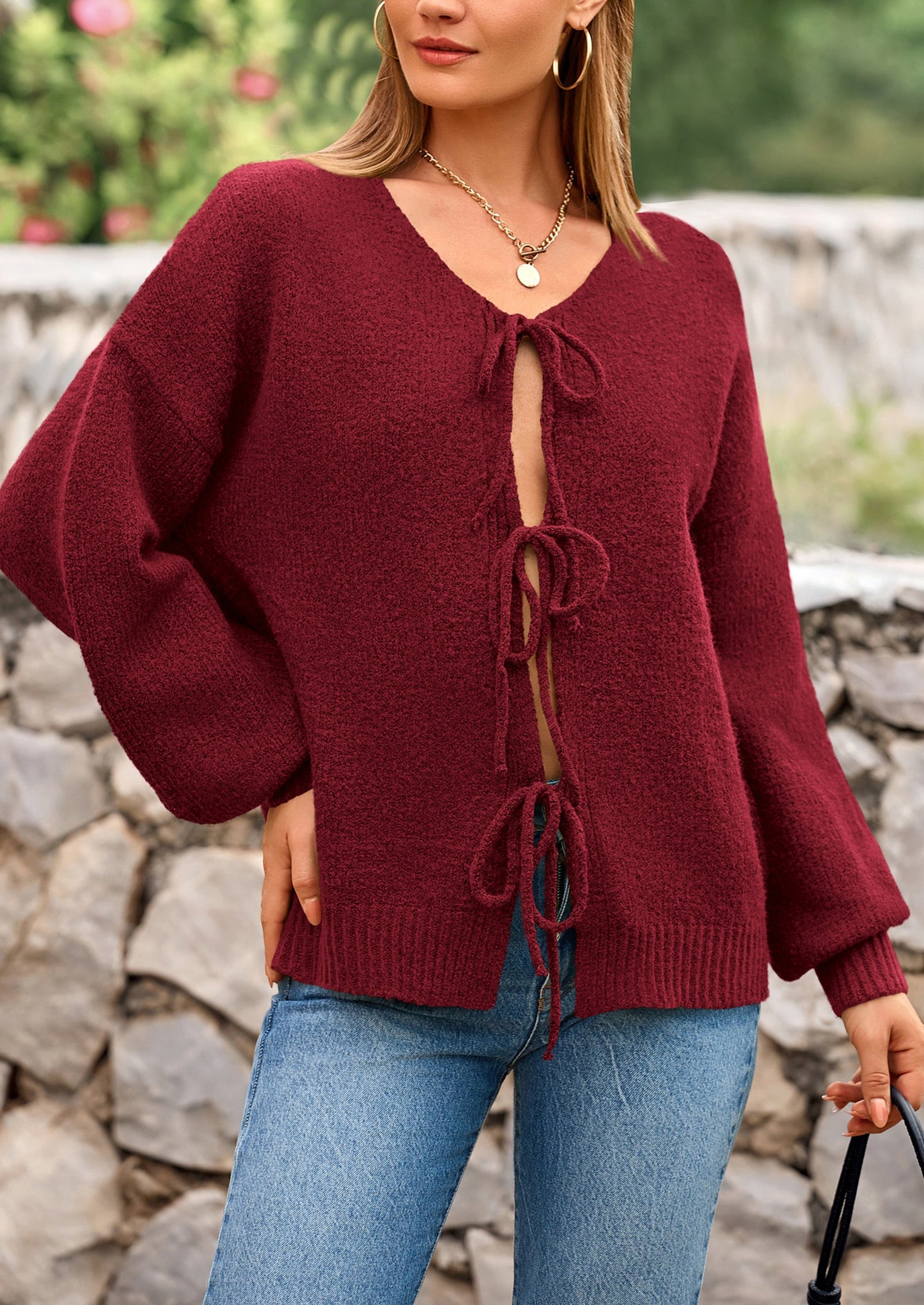 PRETTYGARDEN Women's Tie Front Bow Cardigan Sweaters Chunky Knit Long Puff Sleeve Trendy Fall Winter Jacket Coats