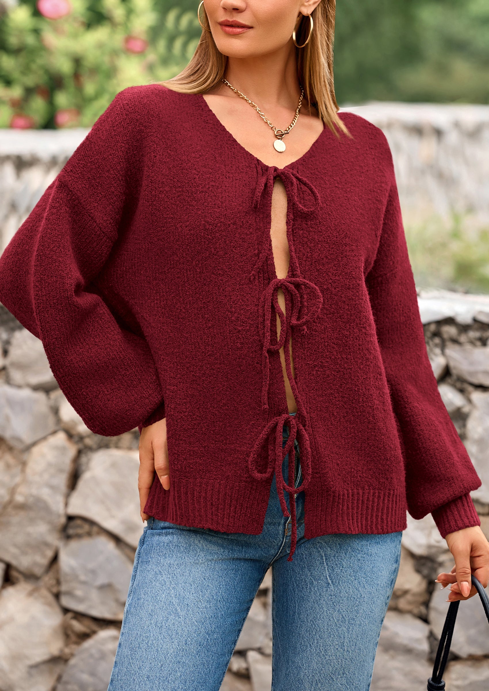 PRETTYGARDEN Women's Tie Front Bow Cardigan Sweaters Chunky Knit Long Puff Sleeve Trendy Fall Winter Jacket Coats