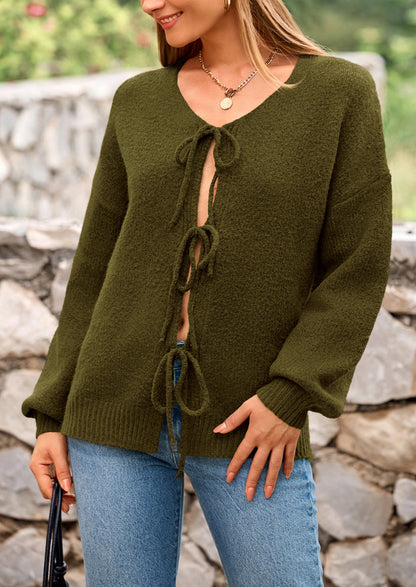 PRETTYGARDEN Women's Tie Front Bow Cardigan Sweaters Chunky Knit Long Puff Sleeve Trendy Fall Winter Jacket Coats