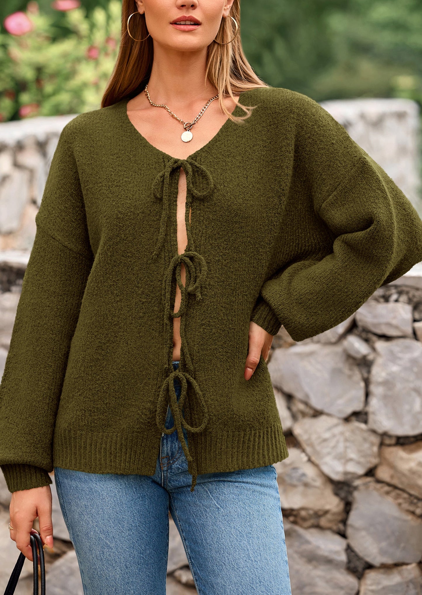 PRETTYGARDEN Women's Tie Front Bow Cardigan Sweaters Chunky Knit Long Puff Sleeve Trendy Fall Winter Jacket Coats