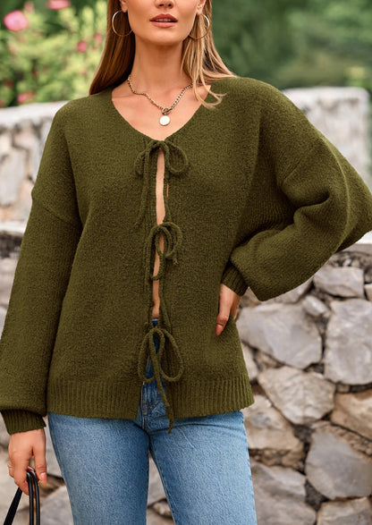 PRETTYGARDEN Women's Tie Front Bow Cardigan Sweaters Chunky Knit Long Puff Sleeve Trendy Fall Winter Jacket Coats