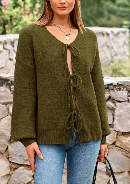 PRETTYGARDEN Women's Tie Front Bow Cardigan Sweaters Chunky Knit Long Puff Sleeve Trendy Fall Winter Jacket Coats