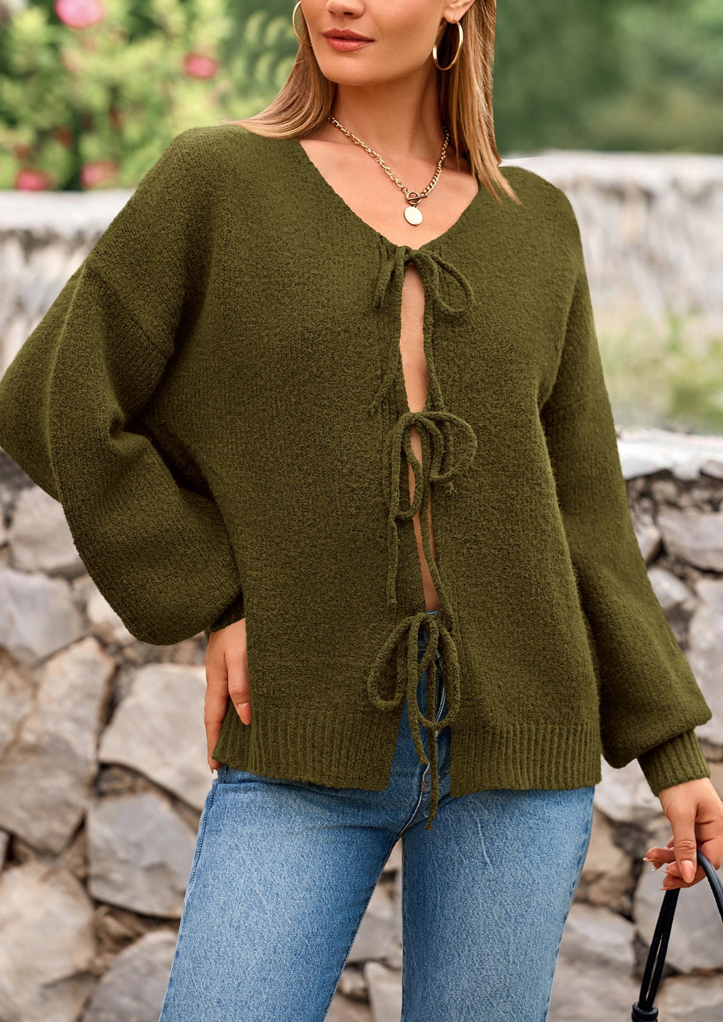 PRETTYGARDEN Women's Tie Front Bow Cardigan Sweaters Chunky Knit Long Puff Sleeve Trendy Fall Winter Jacket Coats