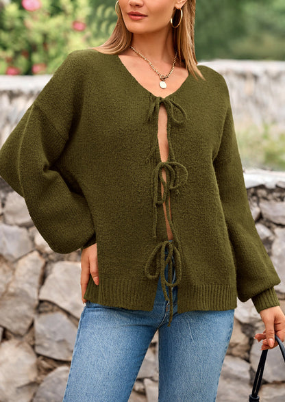 PRETTYGARDEN Women's Tie Front Bow Cardigan Sweaters Chunky Knit Long Puff Sleeve Trendy Fall Winter Jacket Coats