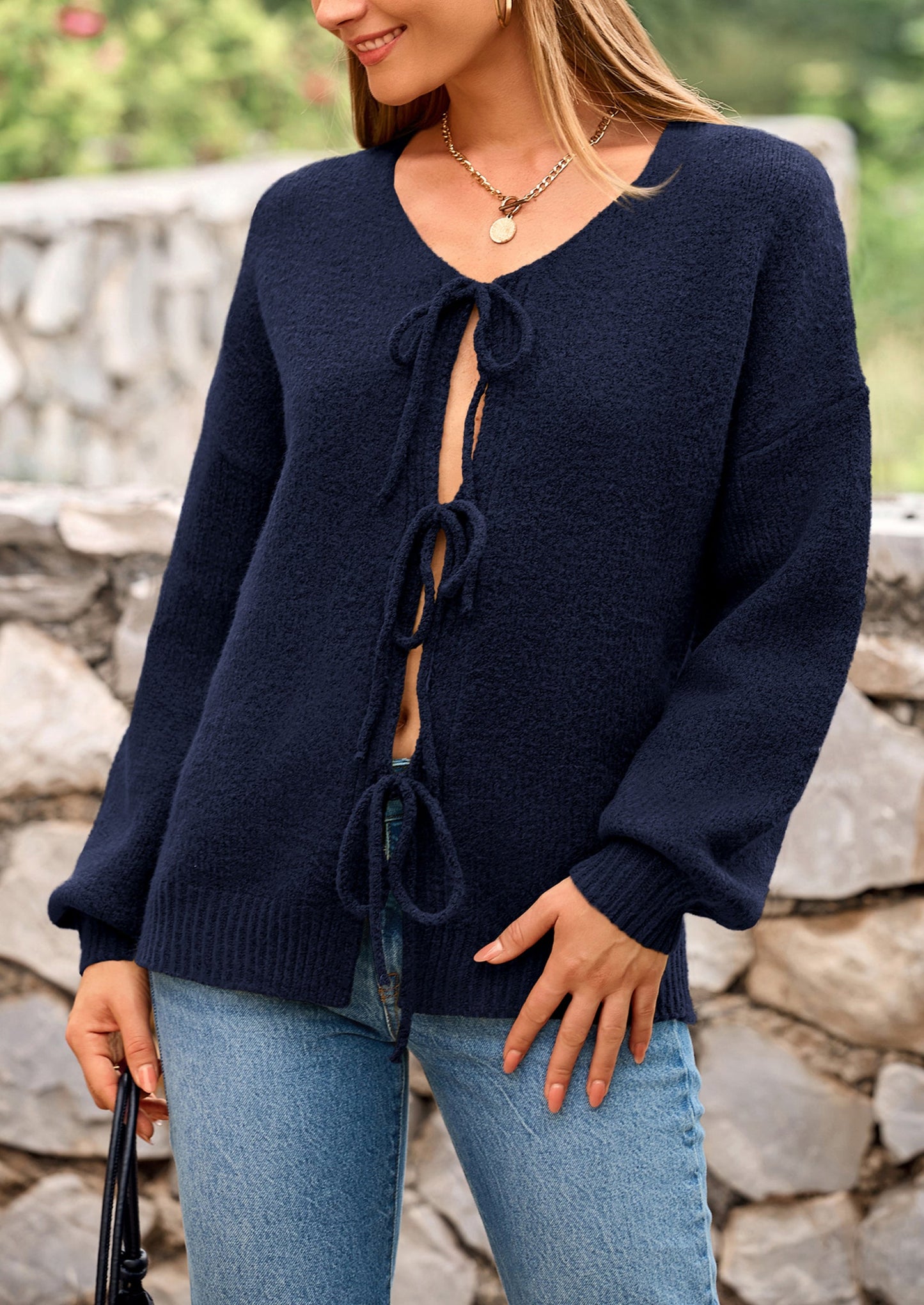 PRETTYGARDEN Women's Tie Front Bow Cardigan Sweaters Chunky Knit Long Puff Sleeve Trendy Fall Winter Jacket Coats