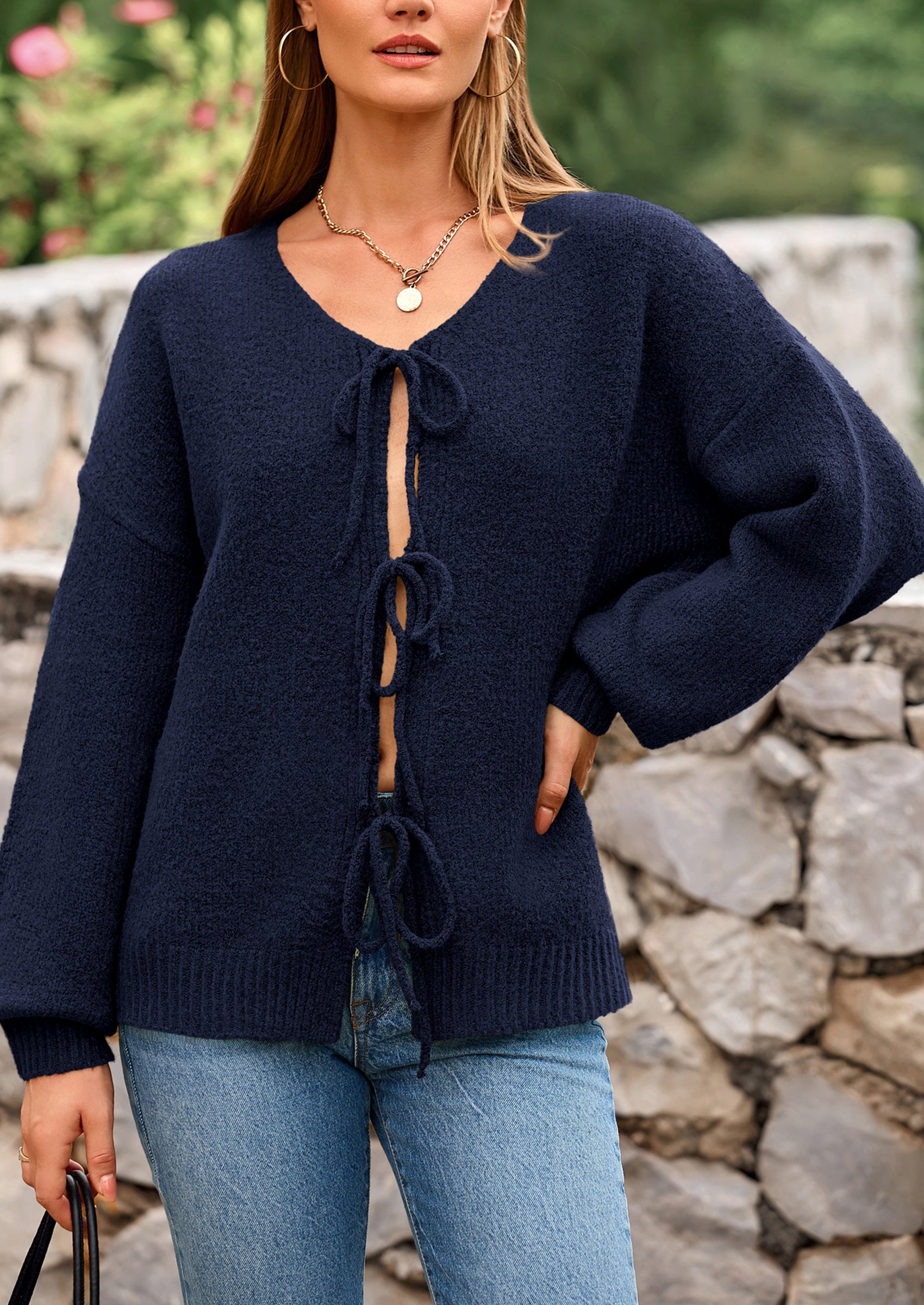 PRETTYGARDEN Women's Tie Front Bow Cardigan Sweaters Chunky Knit Long Puff Sleeve Trendy Fall Winter Jacket Coats