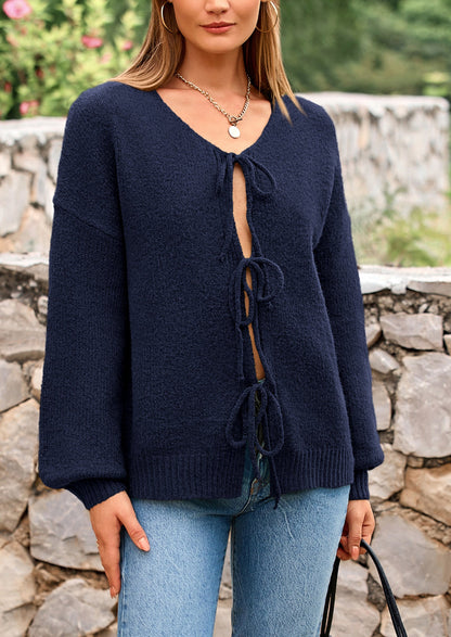 PRETTYGARDEN Women's Tie Front Bow Cardigan Sweaters Chunky Knit Long Puff Sleeve Trendy Fall Winter Jacket Coats