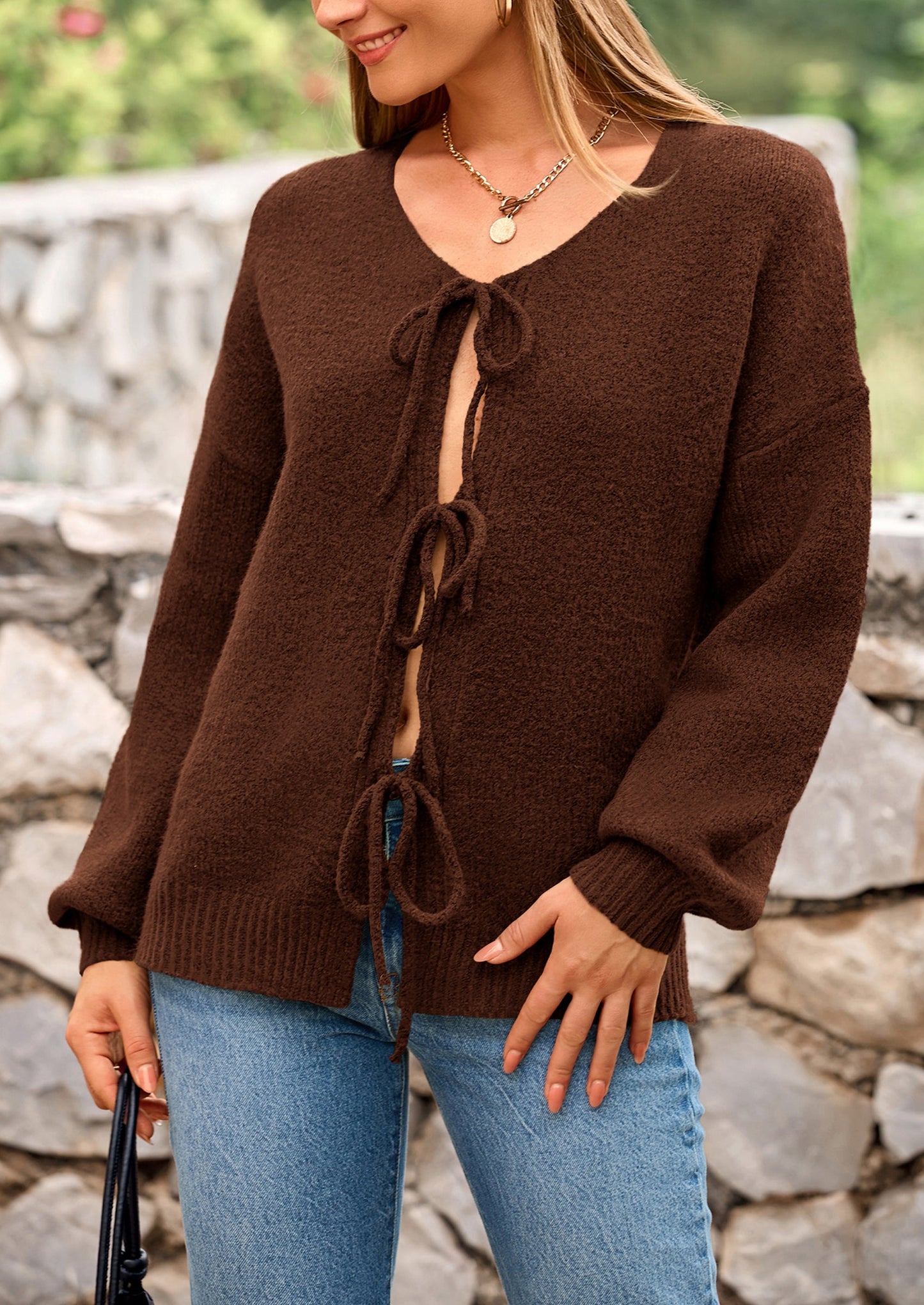 PRETTYGARDEN Women's Tie Front Bow Cardigan Sweaters Chunky Knit Long Puff Sleeve Trendy Fall Winter Jacket Coats