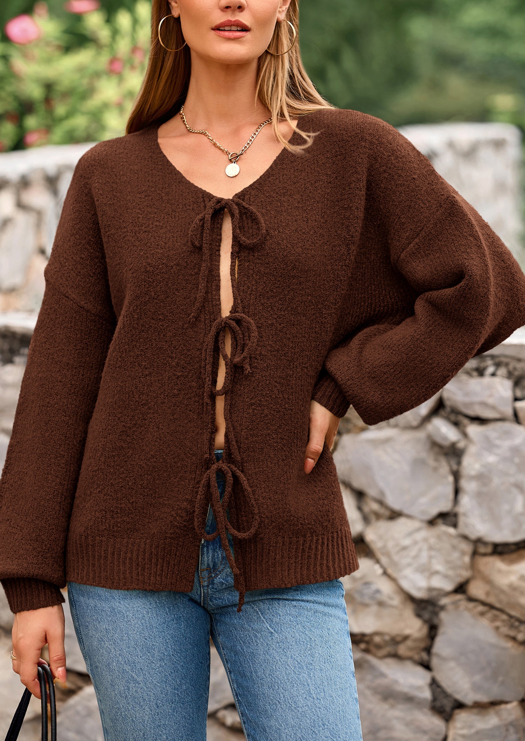 PRETTYGARDEN Women's Tie Front Bow Cardigan Sweaters Chunky Knit Long Puff Sleeve Trendy Fall Winter Jacket Coats