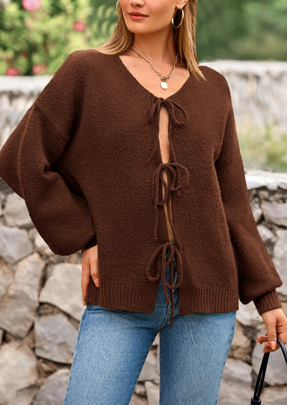 PRETTYGARDEN Women's Tie Front Bow Cardigan Sweaters Chunky Knit Long Puff Sleeve Trendy Fall Winter Jacket Coats