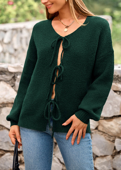 PRETTYGARDEN Women's Tie Front Bow Cardigan Sweaters Chunky Knit Long Puff Sleeve Trendy Fall Winter Jacket Coats