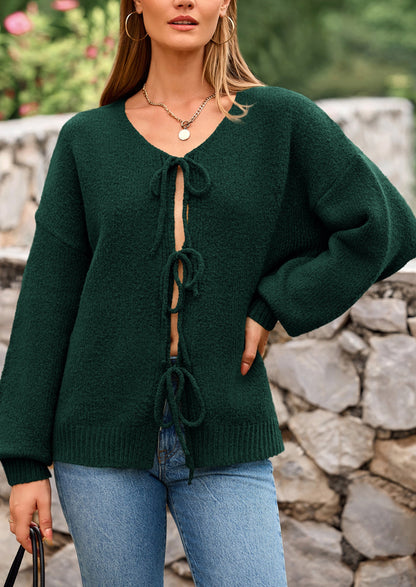 PRETTYGARDEN Women's Tie Front Bow Cardigan Sweaters Chunky Knit Long Puff Sleeve Trendy Fall Winter Jacket Coats