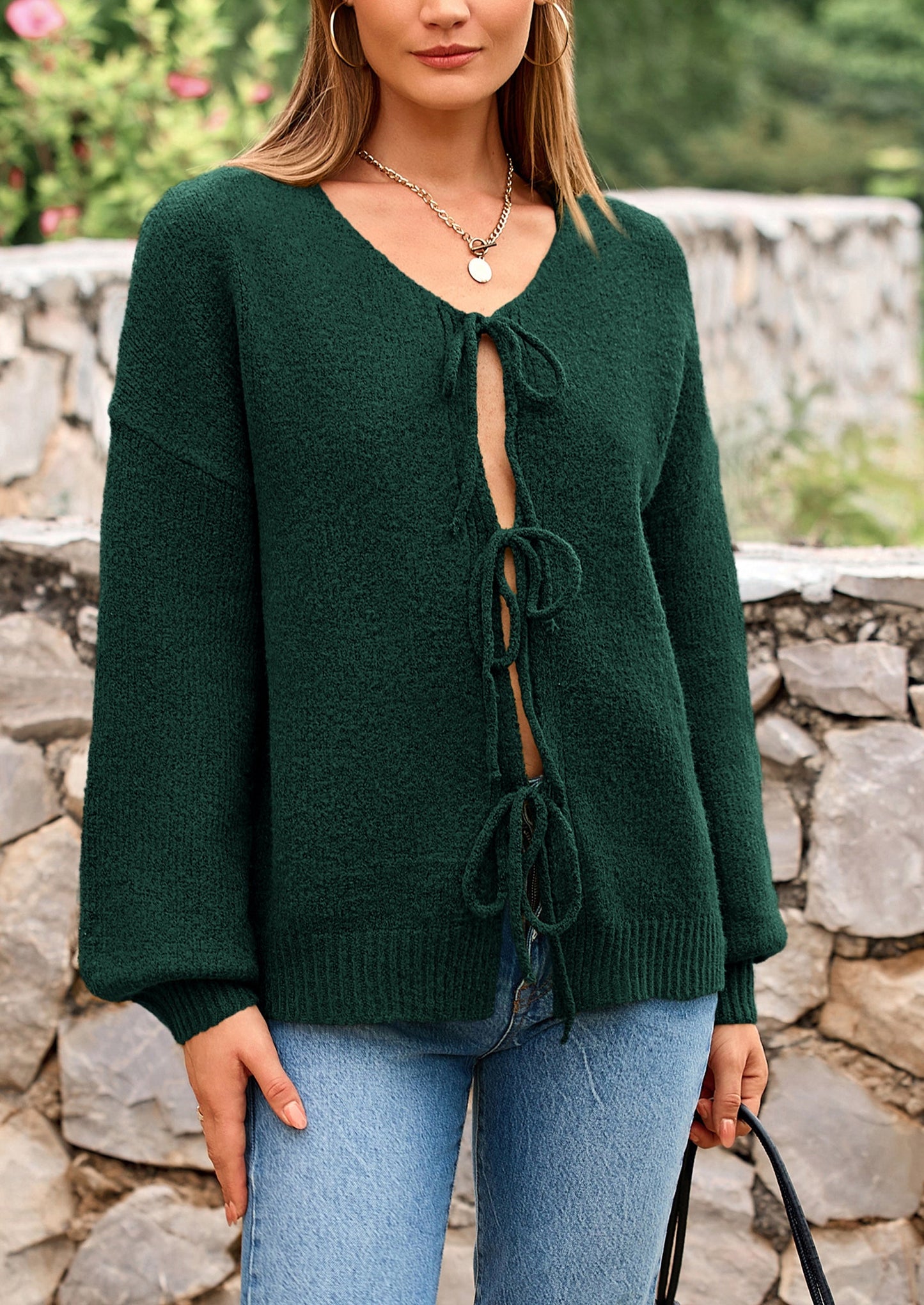 PRETTYGARDEN Women's Tie Front Bow Cardigan Sweaters Chunky Knit Long Puff Sleeve Trendy Fall Winter Jacket Coats