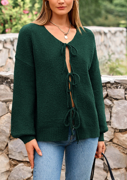 PRETTYGARDEN Women's Tie Front Bow Cardigan Sweaters Chunky Knit Long Puff Sleeve Trendy Fall Winter Jacket Coats