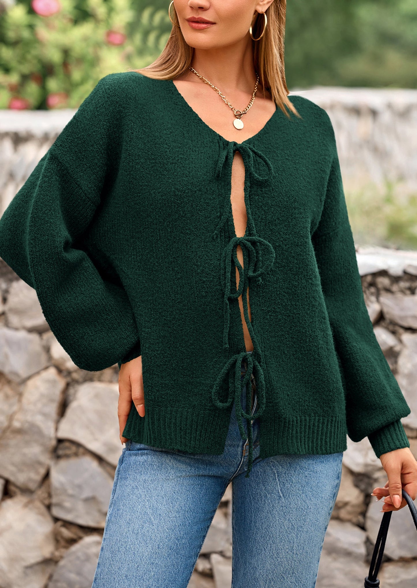 PRETTYGARDEN Women's Tie Front Bow Cardigan Sweaters Chunky Knit Long Puff Sleeve Trendy Fall Winter Jacket Coats