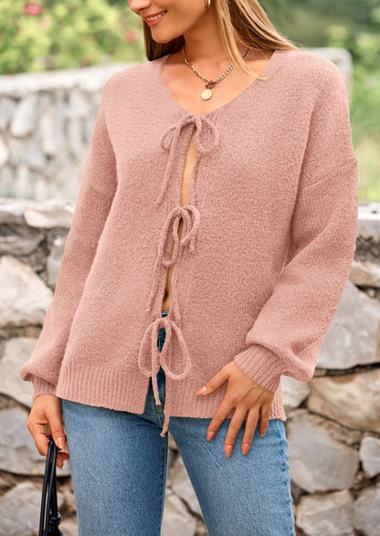 PRETTYGARDEN Women's Tie Front Bow Cardigan Sweaters Chunky Knit Long Puff Sleeve Trendy Fall Winter Jacket Coats