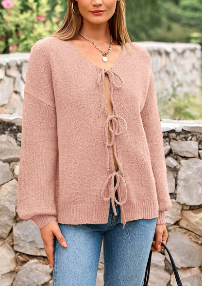 PRETTYGARDEN Women's Tie Front Bow Cardigan Sweaters Chunky Knit Long Puff Sleeve Trendy Fall Winter Jacket Coats