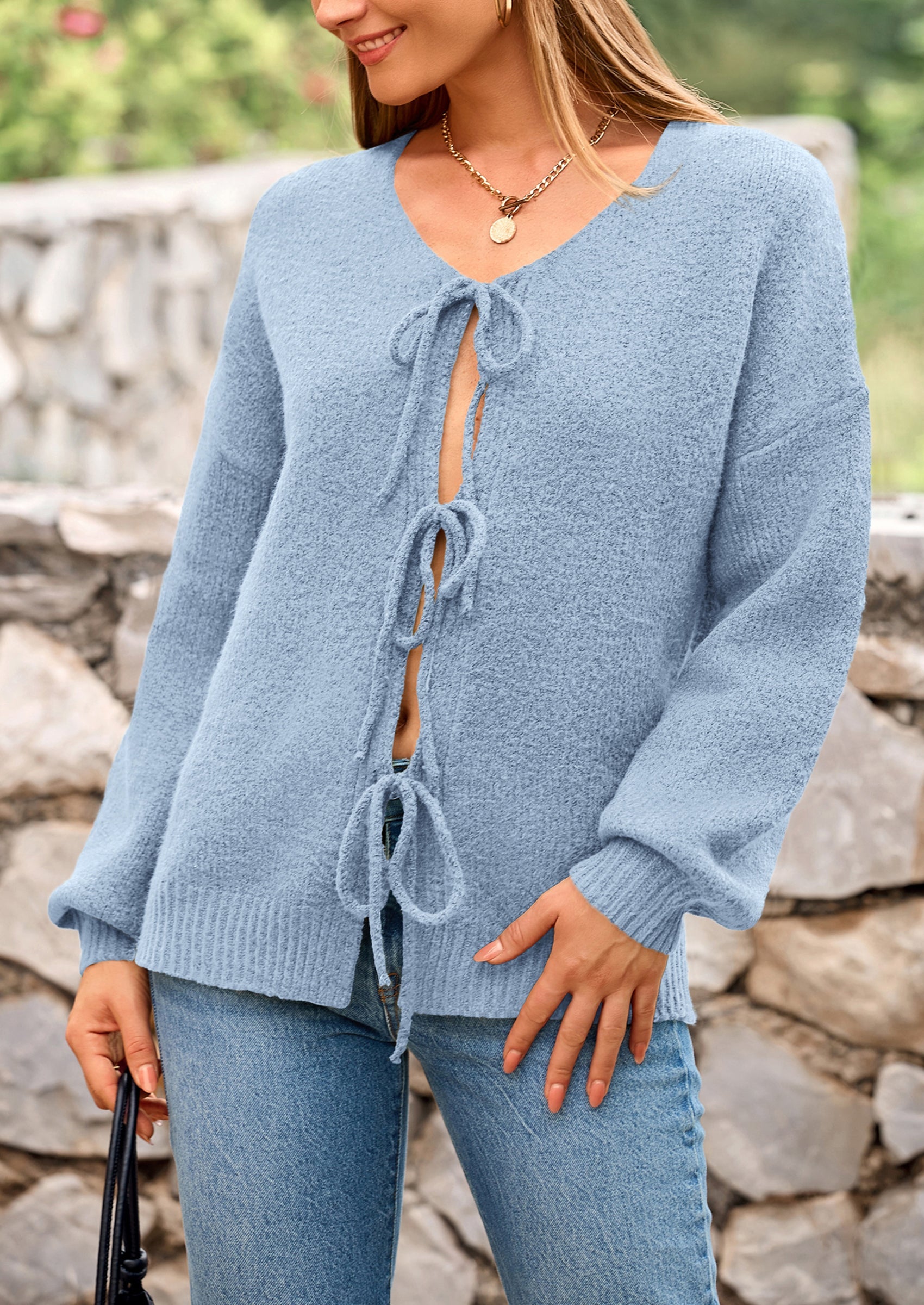 PRETTYGARDEN Women's Tie Front Bow Cardigan Sweaters Chunky Knit Long Puff Sleeve Trendy Fall Winter Jacket Coats