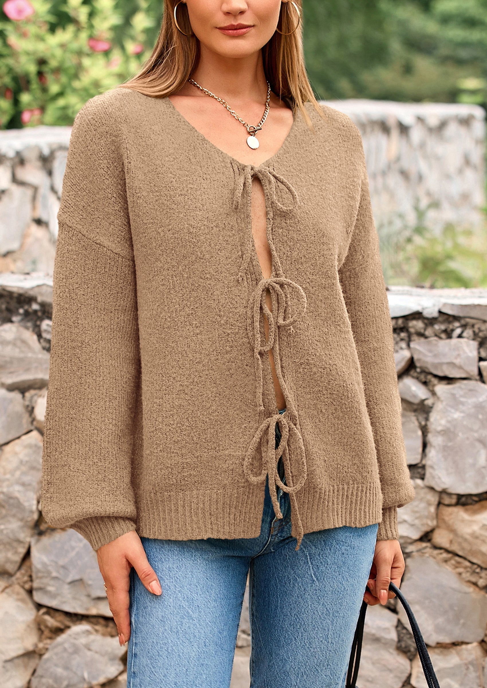 PRETTYGARDEN Women's Tie Front Bow Cardigan Sweaters Chunky Knit Long Puff Sleeve Trendy Fall Winter Jacket Coats