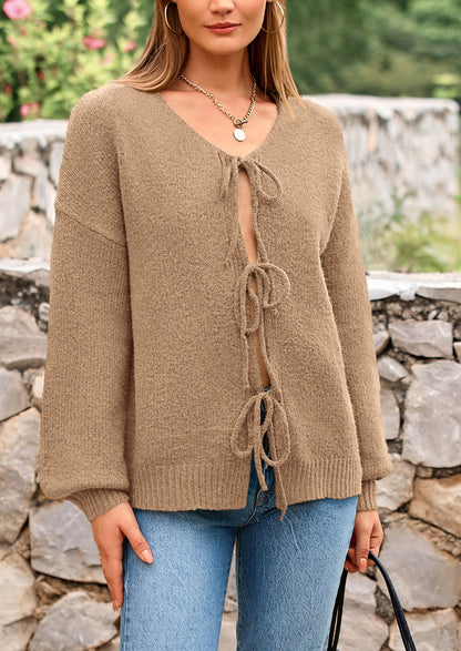 PRETTYGARDEN Women's Tie Front Bow Cardigan Sweaters Chunky Knit Long Puff Sleeve Trendy Fall Winter Jacket Coats