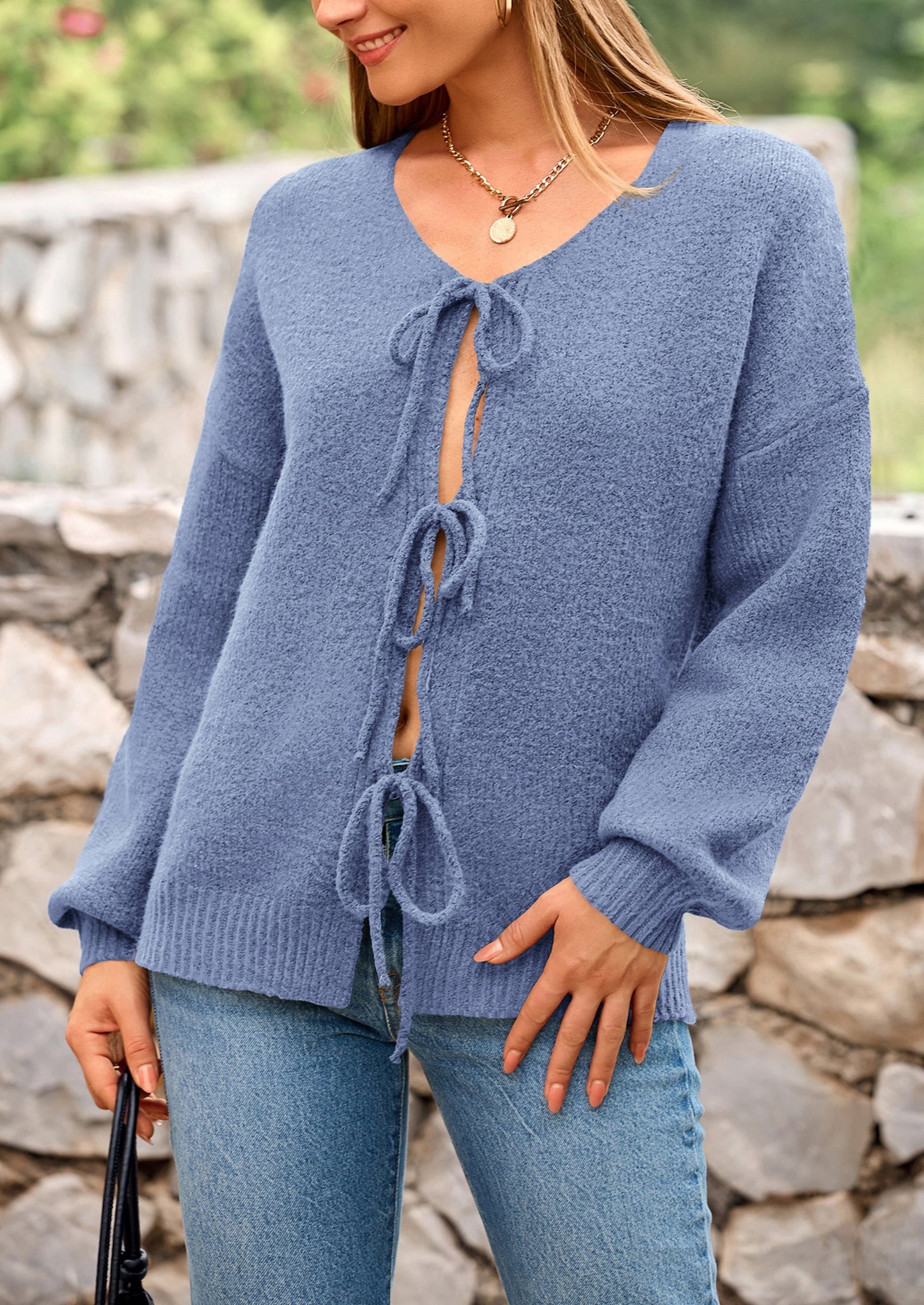 PRETTYGARDEN Women's Tie Front Bow Cardigan Sweaters Chunky Knit Long Puff Sleeve Trendy Fall Winter Jacket Coats