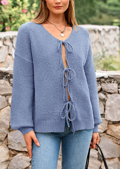 PRETTYGARDEN Women's Tie Front Bow Cardigan Sweaters Chunky Knit Long Puff Sleeve Trendy Fall Winter Jacket Coats