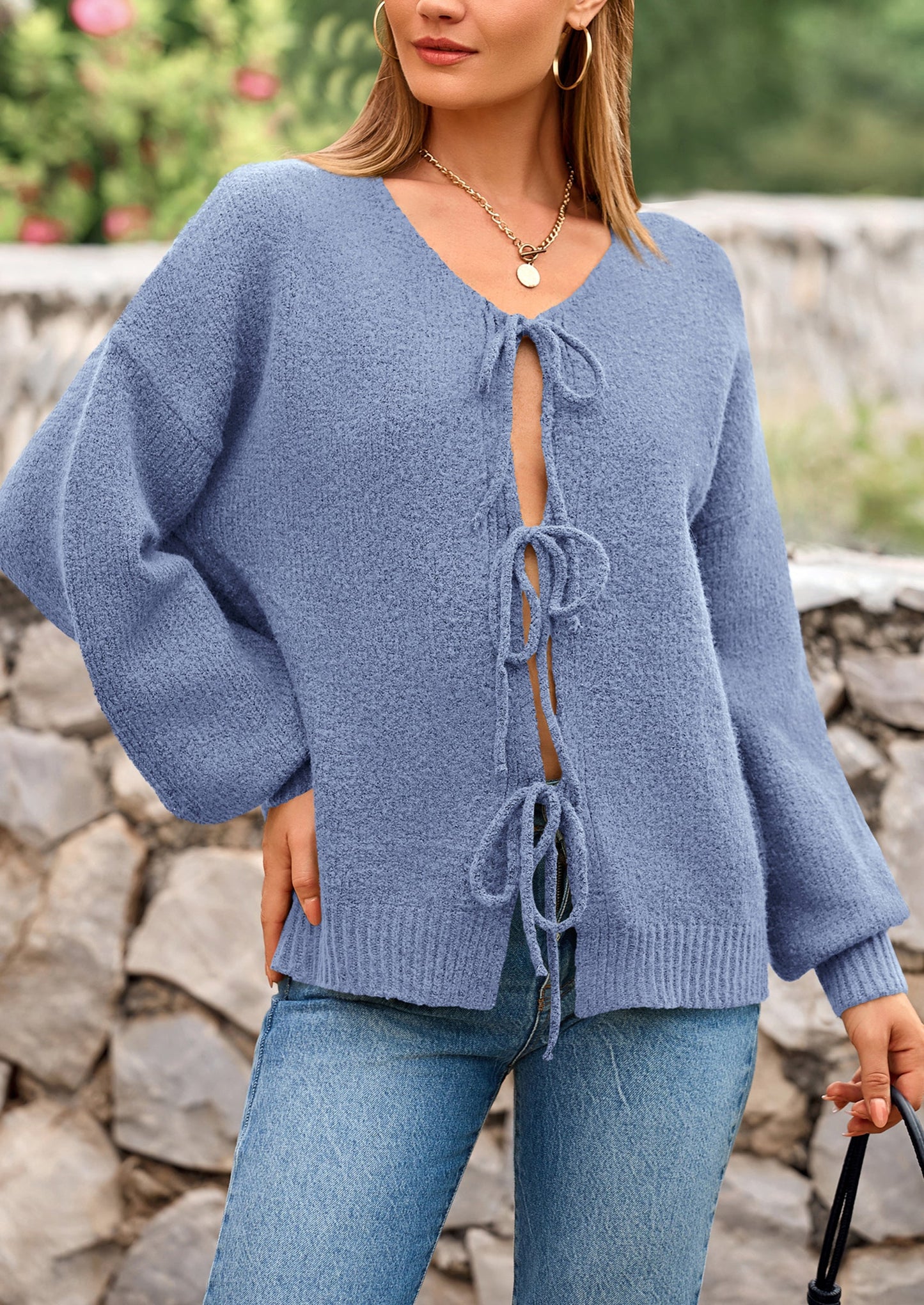 PRETTYGARDEN Women's Tie Front Bow Cardigan Sweaters Chunky Knit Long Puff Sleeve Trendy Fall Winter Jacket Coats