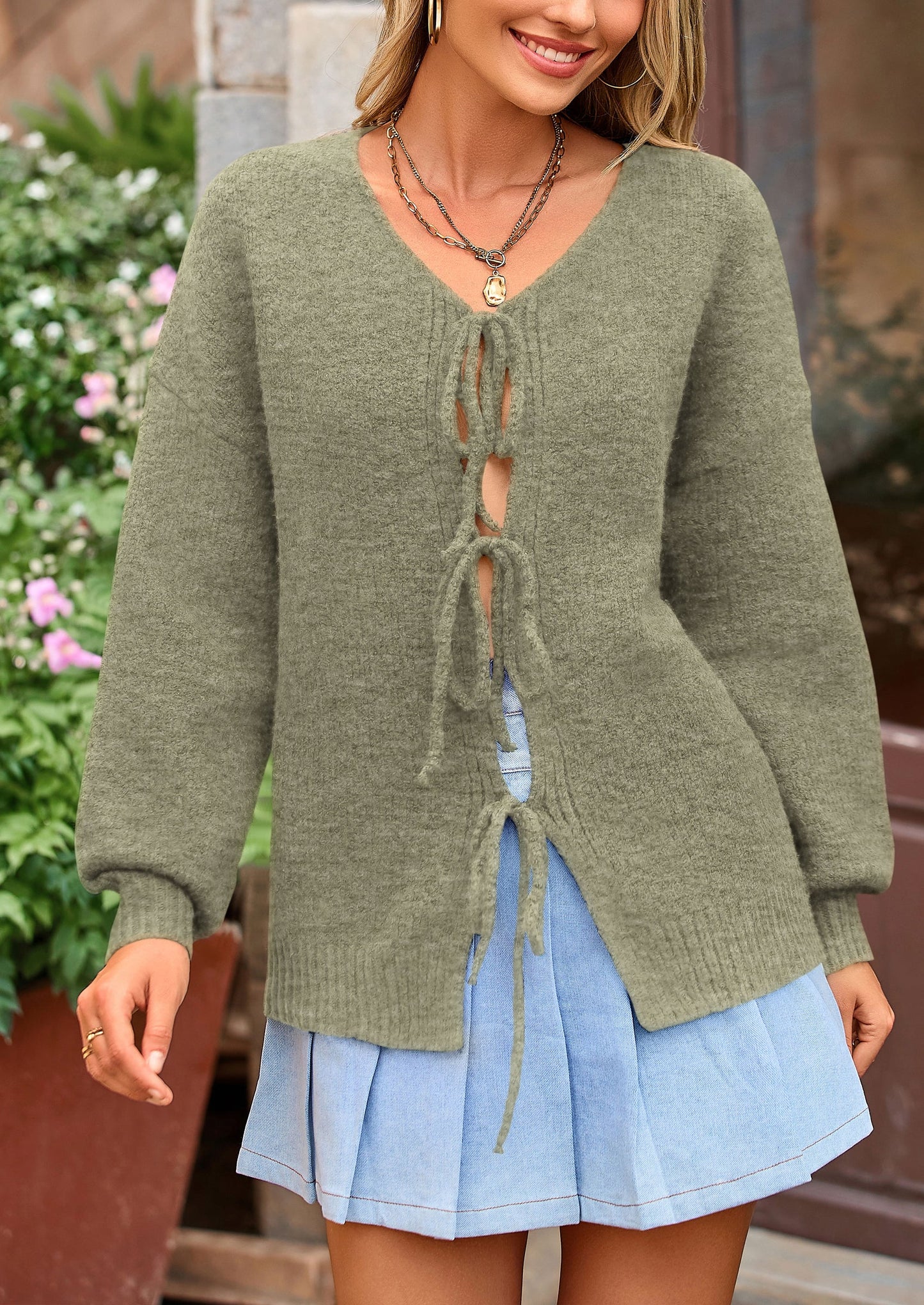 PRETTYGARDEN Women's Tie Front Bow Cardigan Sweaters Chunky Knit Long Puff Sleeve Trendy Fall Winter Jacket Coats