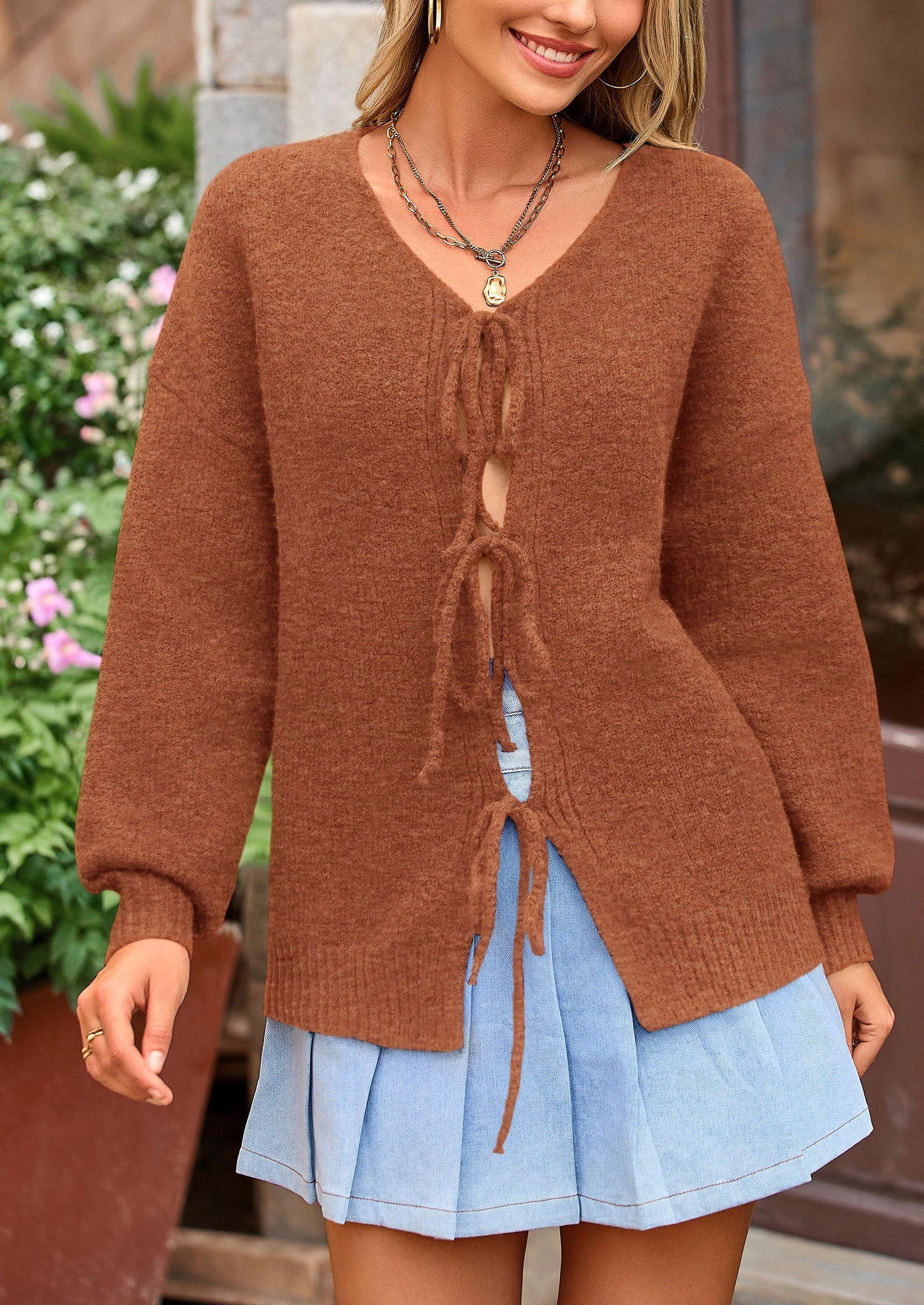 PRETTYGARDEN Women's Tie Front Bow Cardigan Sweaters Chunky Knit Long Puff Sleeve Trendy Fall Winter Jacket Coats