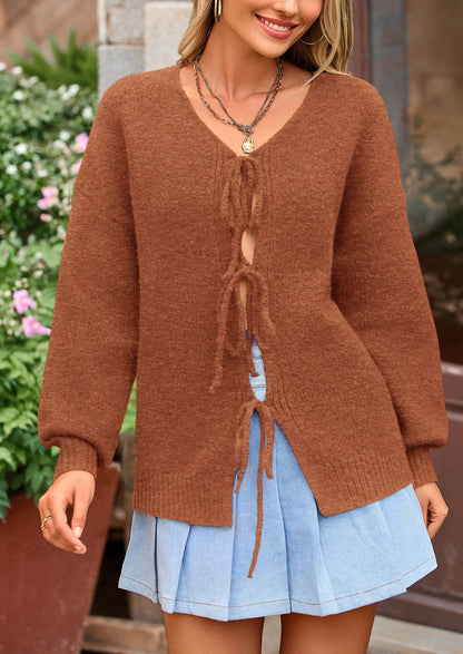 PRETTYGARDEN Women's Tie Front Bow Cardigan Sweaters Chunky Knit Long Puff Sleeve Trendy Fall Winter Jacket Coats