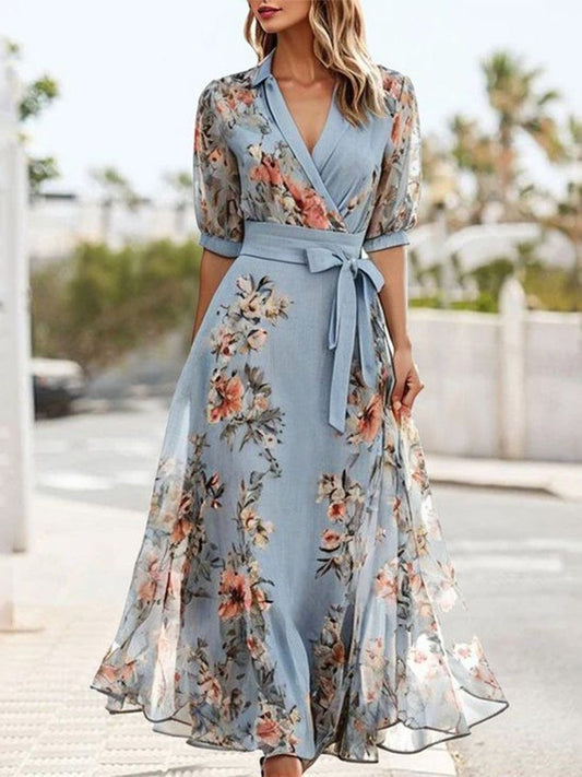 Floral Print V-Neck Short Sleeve Bow Waist Midi Dress
