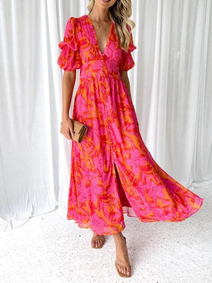 Elegant Floral V-neck Midi Dress