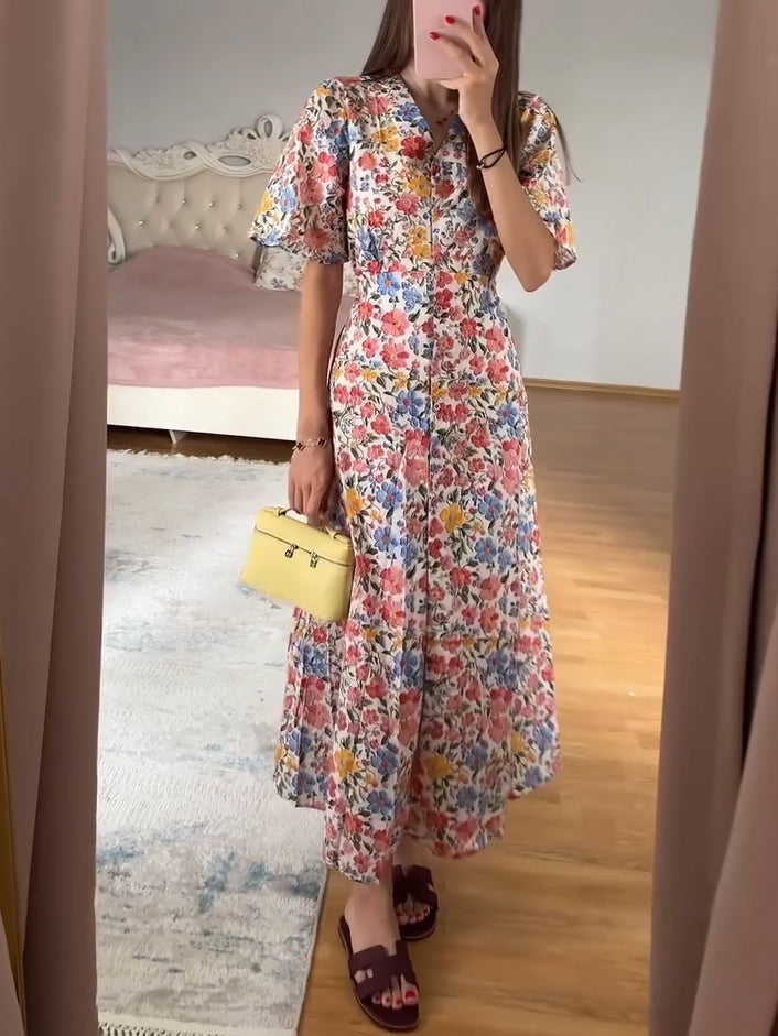 Floral Print V-Neck Button-Down Midi Dress