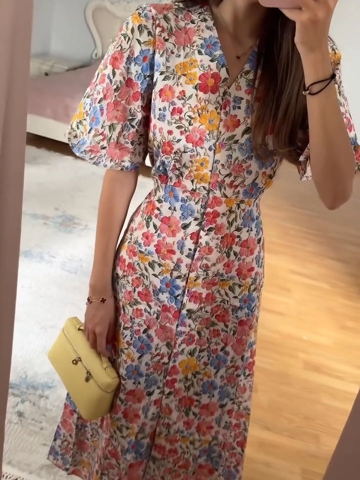Floral Print V-Neck Button-Down Midi Dress