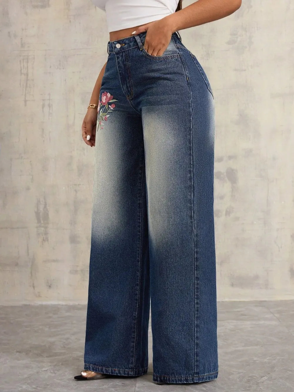 Embroidered Wide Leg Jeans