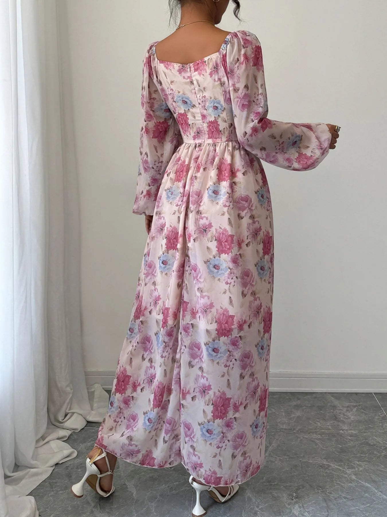 Ruffled Floral Print Balloon Sleeve Maxi Dress