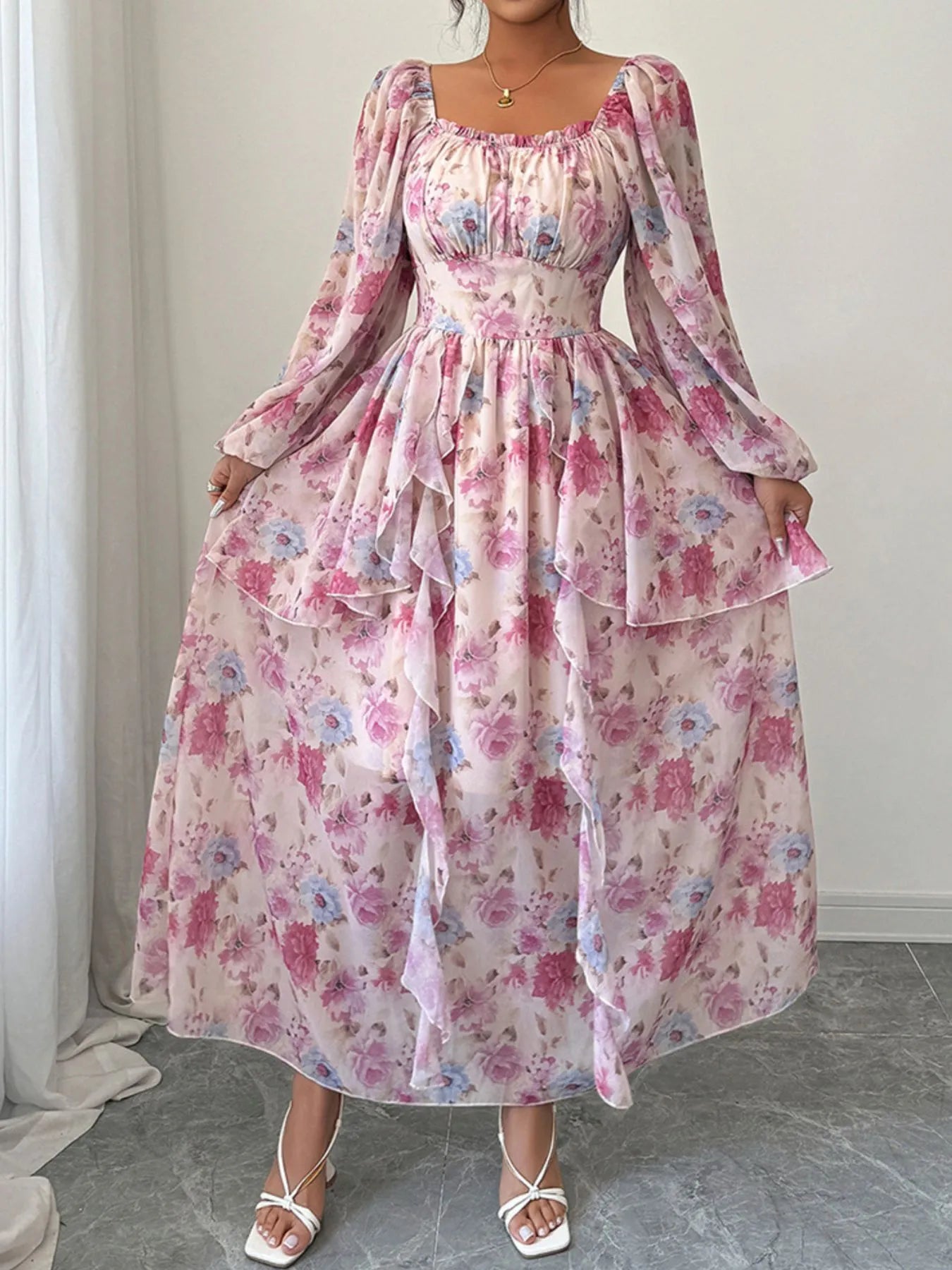 Ruffled Floral Print Balloon Sleeve Maxi Dress